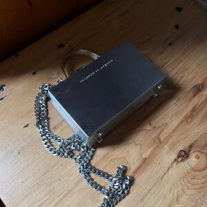 Brandon Blackwood Silver Metallic Box Clutch with Chain